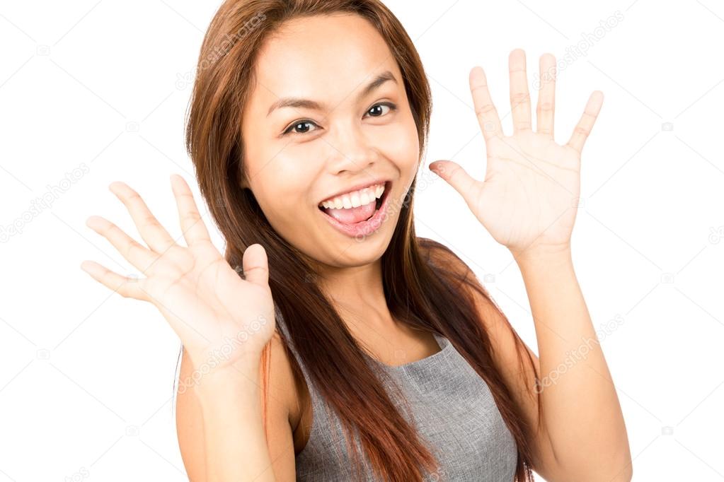 Surprised Happy To See Friend Asian Girl Hands Up
