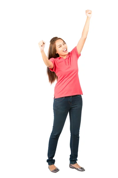 Celebrating Win Asian Woman Fists Raised Profile — Stock Photo, Image