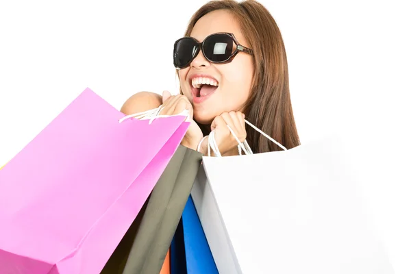 Asian Female Shopper Mouthing Bags Away Camera H — Stock Photo, Image