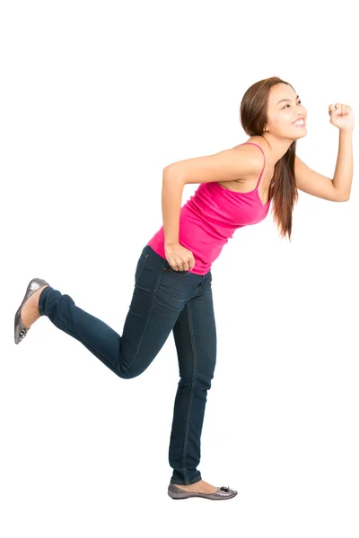 Correndo asiático mulher perseguindo objeto perfil lateral — Fotografia de Stock