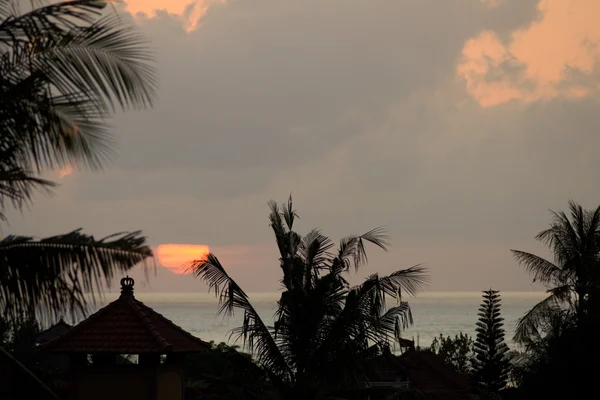 Güneş okyanus Dip Bali Palm ağaçlar bulutlar günbatımı gökyüzü — Stok fotoğraf