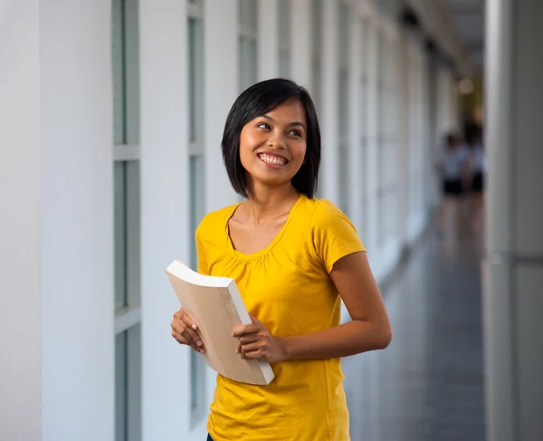 Asian Student Head Turn Away Hallway Yellow Shirt — Stockfoto