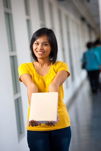 Asian Student Showing Blank Cover Book Hallway — Stockfoto