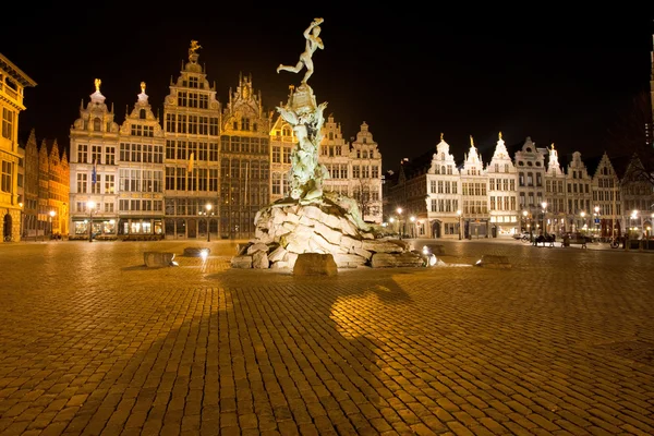 Brabo Statue Antwerp Grote Markt Square Night — 图库照片