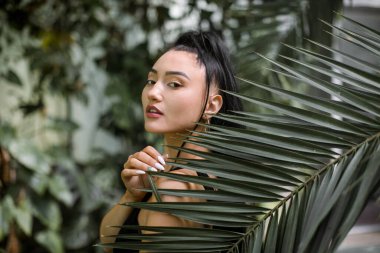 Mükemmel yüzlü, zarif siyah elbiseler giyen, fonda palmiye yaprağı ve egzotik sera bitkileriyle kameraya poz veren güzel seksi Asyalı mankenin portresi. Doğal güzellik.