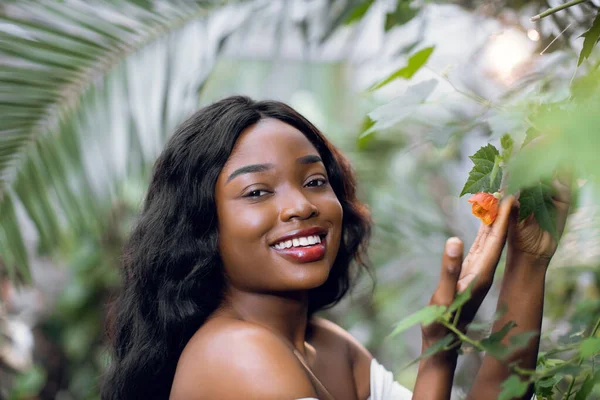 Pretty young afro american woman with perfect skin and natural make-up, posing to camera with smile, on the background of beautiful tropic plants, standing near flowering tree