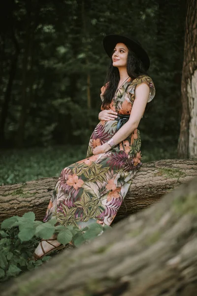 Hermosa mujer embarazada al aire libre retrato en la naturaleza de otoño en el bosque —  Fotos de Stock