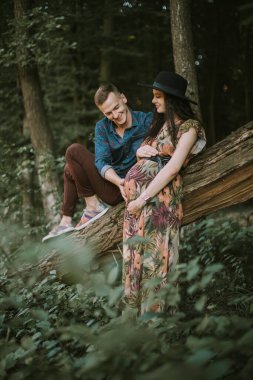 Mutlu koca ve hamile karısı bebek bekliyor, doğada dinleniyor..