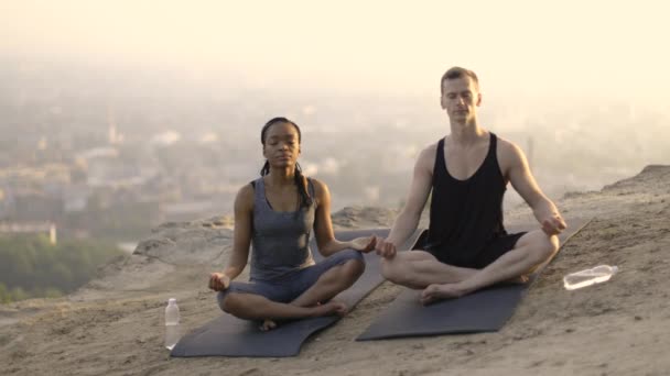 Multiracial female and male friends meditating on yoga mat outdoors — Stock Video