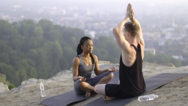 Couple multiethnique pratiquant ensemble le yoga à l'air frais — Video