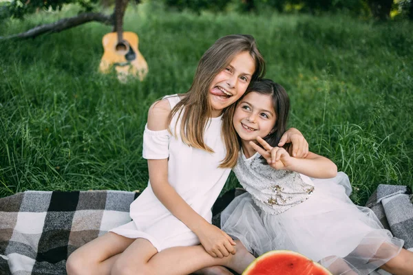 Duas irmãs alegres fazendo piquenique no jardim verde — Fotografia de Stock