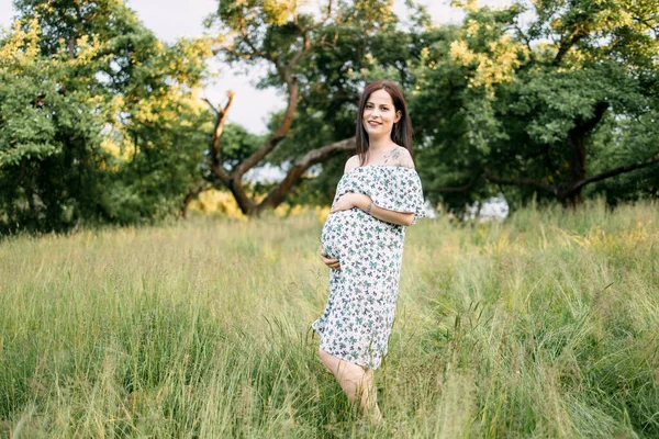 Mujer bonita acariciando su vientre embarazada al aire libre —  Fotos de Stock