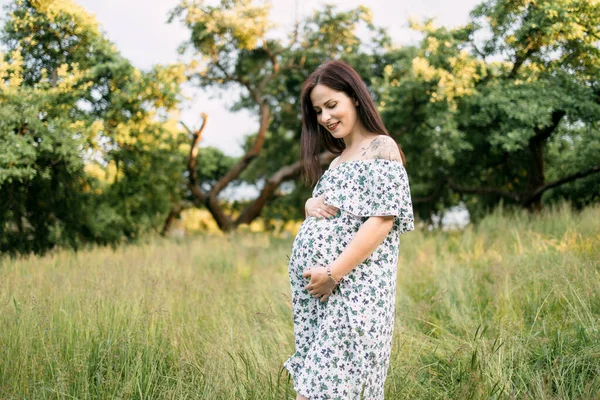 Encantadora mujer embarazada en vestido de verano posando al aire libre —  Fotos de Stock