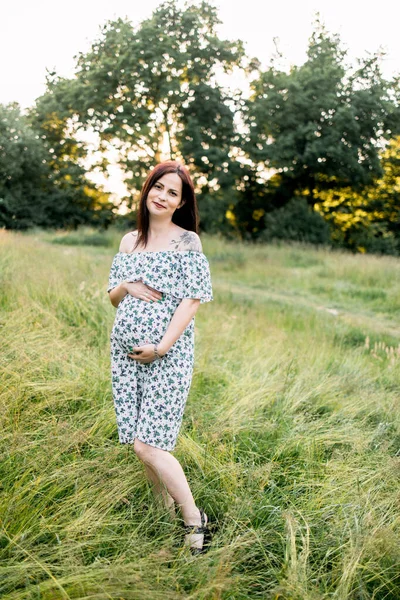 Encantadora mujer embarazada en vestido de verano posando al aire libre —  Fotos de Stock