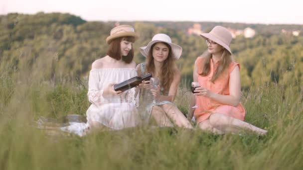 Tres jóvenes damas caucásicas, sentadas y sonriendo mientras hacen un picnic en un prado en la colina. — Vídeos de Stock