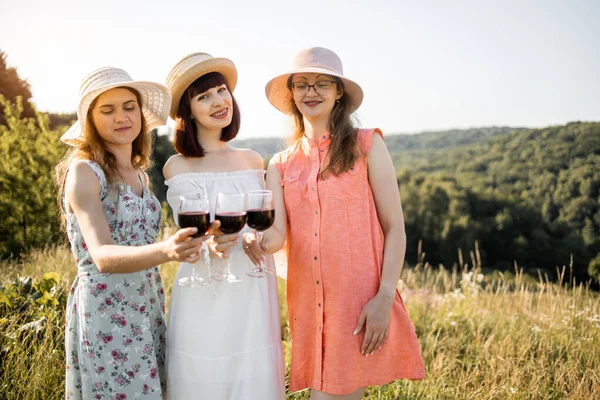 Três mulheres bonitas que clinking copos do vinho tinto, quando estando na grama que tem o tempo aconchegante do piquenique — Fotografia de Stock