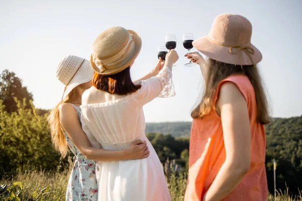 Vue arrière de jolies copines à l'extérieur dans le domaine, regardant loin avec des verres élevés de vin rouge — Photo