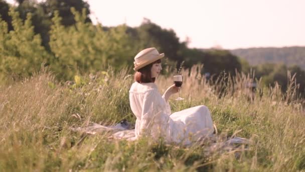 Signora, seduta sulla coperta all'aperto nel campo, bere vino rosso e godersi la natura ladscape — Video Stock