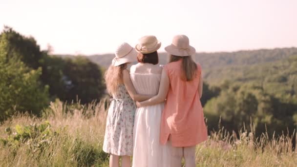 Bakåt vy av tre unga kvinnliga vänner som har roligt, dricka rött vin, och njuta av sommaren picknick. — Stockvideo