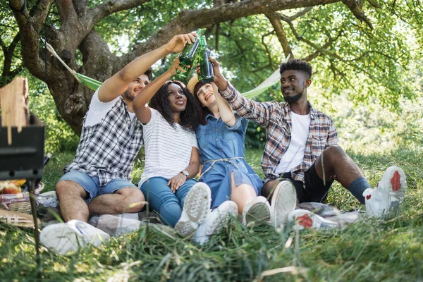 Amis multiraciaux boire de la bière pendant le pique-nique au jardin — Photo