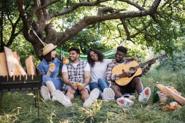 İki çok ırklı çift piknikte şarkı söylüyor ve gitar çalıyorlar.