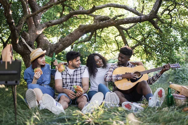 Des gens insouciants jouant de la guitare pendant le pique-nique au parc — Photo