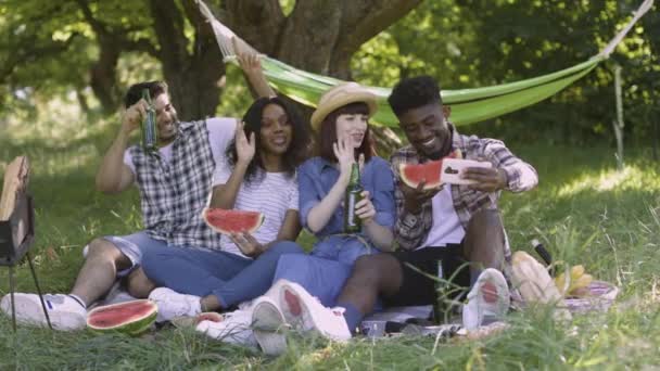 Four friends taking selfie on smartphone at garden — Stock Video