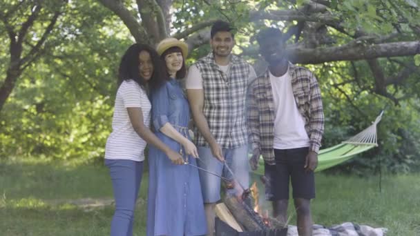 Deux couples multiraciaux cuisinant des saucisses sur le pique-nique nature — Video