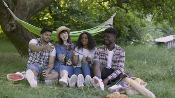 Amigos felizes bebendo cerveja e comendo salsichas na natureza — Vídeo de Stock