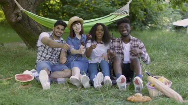 Felices amigos haciendo picnic con salchichas y cerveza, mostrando los pulgares hacia arriba — Vídeo de stock
