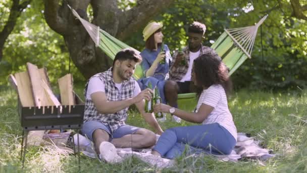 Vier vrolijke vrienden picknicken in de zomertuin — Stockvideo