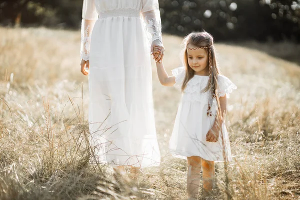 Zblízka šťastný dítě dívka v šatech, drží ruku své matky a chodí spolu v letním poli — Stock fotografie