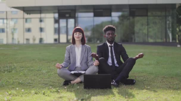 연꽃 포즈를 취하고 있는 두 명의 젊은 돌연변이 문화 근로자들이 푸른 잔디 위에 앉아 밖에서 명상을 하고 있습니다. — 비디오