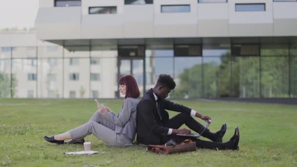 Multiethnische Geschäftspartner, Rücken an Rücken auf dem Gras sitzend, während sie Telefon und Laptop benutzen — Stockvideo