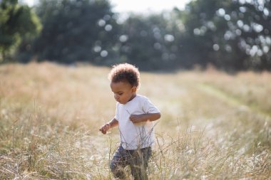 Afrikalı küçük çocuk çayırların arasında oynuyor
