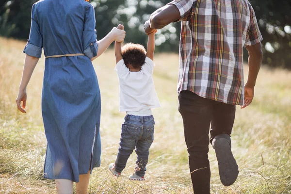 Visão traseira de pais de raça mista andando com o filho no campo — Fotografia de Stock