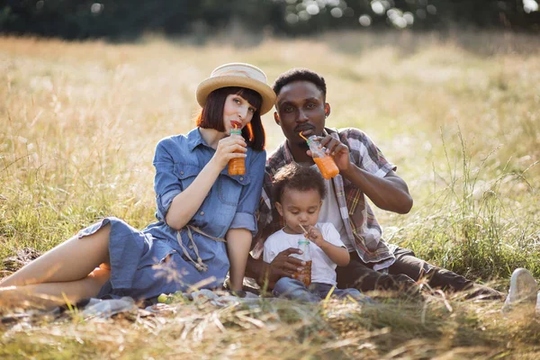 Multi padres étnicos con hijo bebiendo jugo en la naturaleza — Foto de Stock