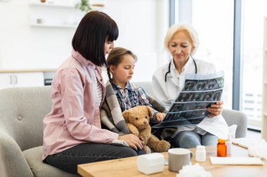 Bir doktor, genç bir kız ve annesiyle birlikte tıbbi bir taramayı gözden geçirir. Çocuk battaniyeye sarılmış, elinde oyuncak ayı var..