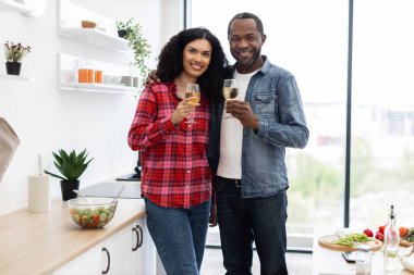 Gülümseyen bir çift, parlak bir mutfakta bir kadeh şarapla kadeh kaldırarak bir anı kutluyor..