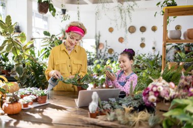 Bir anne ve kız, kapalı alandaki bitkileriyle ilgilenirken ve bahçe işlerini öğrenirken birlikte vakit geçirmekten zevk alır.