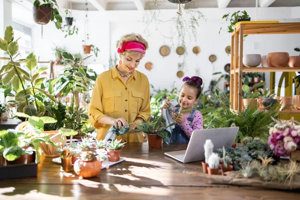 Bir anne ve kız, çiçek ve çiçeklerle çevrili bir şekilde bahçeyle ilgilenerek aile bağlarının iç açıcı bir sahnesini oluştururlar.