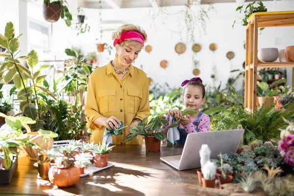 Bir kadın ve genç bir kız birlikte ev bitkileriyle ilgileniyorlar. Yürek ısıtan bir aile ve doğa manzarası yaratıyorlar.