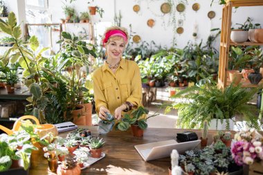 Sarı gömlekli bir kadın, parlak, davetkar bir dükkanda çiçeklerle uğraşırken gülümsüyor.