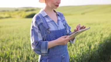 Tulumlu ve hasır şapkalı bir kadın altın saat boyunca yemyeşil bir tarlada dikilirken tablet bilgisayar kullanıyor.