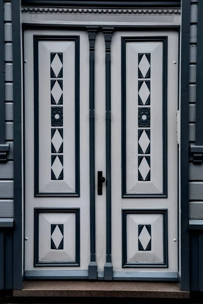 Closeup Gray Double Door Wood Carving — Stock Photo, Image