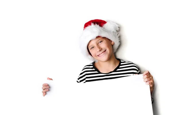 Ragazzo Col Cappello Babbo Natale Che Tiene Cartellone Bianco Gli — Foto Stock