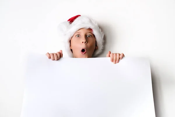 Boy Santa Hat Holding Blank Billdoard Christmas Greetings — Stock Photo, Image