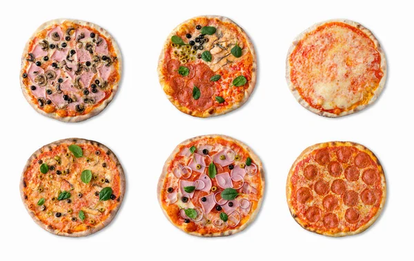 Beyaz arka planda 6 farklı pizza çeşidi var. Lezzetli ev yapımı pizza manzarası. 