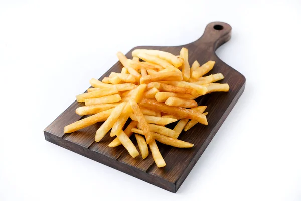 Close Homemade Fried Potatoes Wooden Board Isolated White Copyspace — Stock Photo, Image