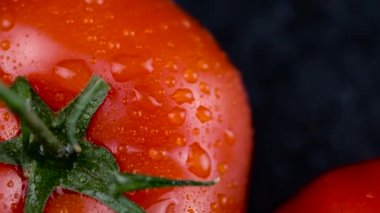 Domatesler yavaş çekimde yakın plan çekimde döner. Bahar sebze bahçesi ve sebze bahçesi. Siyah arkaplanda su damlaları olan domatesler. 
